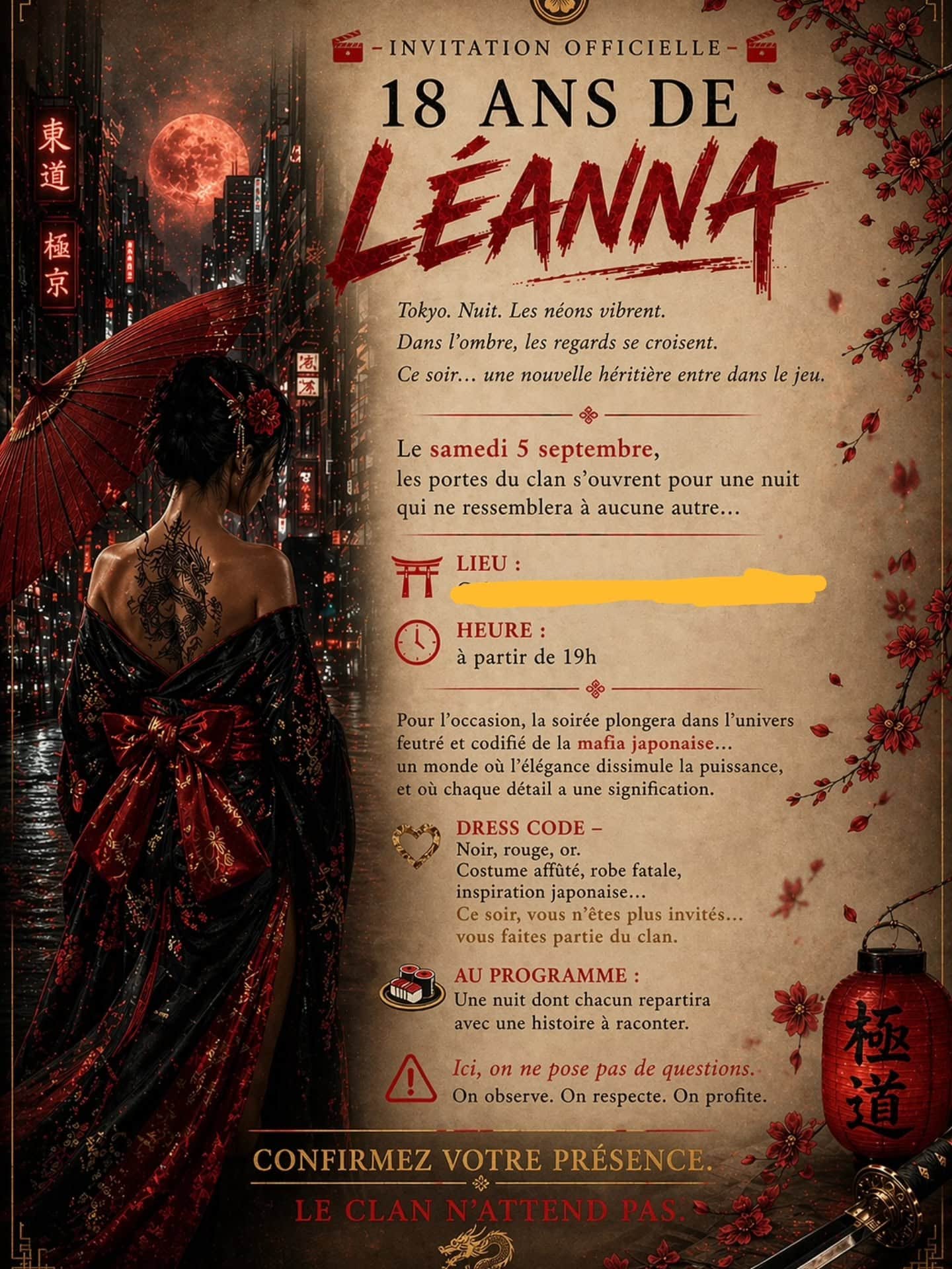 Carton d'invitation d'un anniversaire de 18 ans sur un thème asiatique, rouge et or, lanternes et éventail