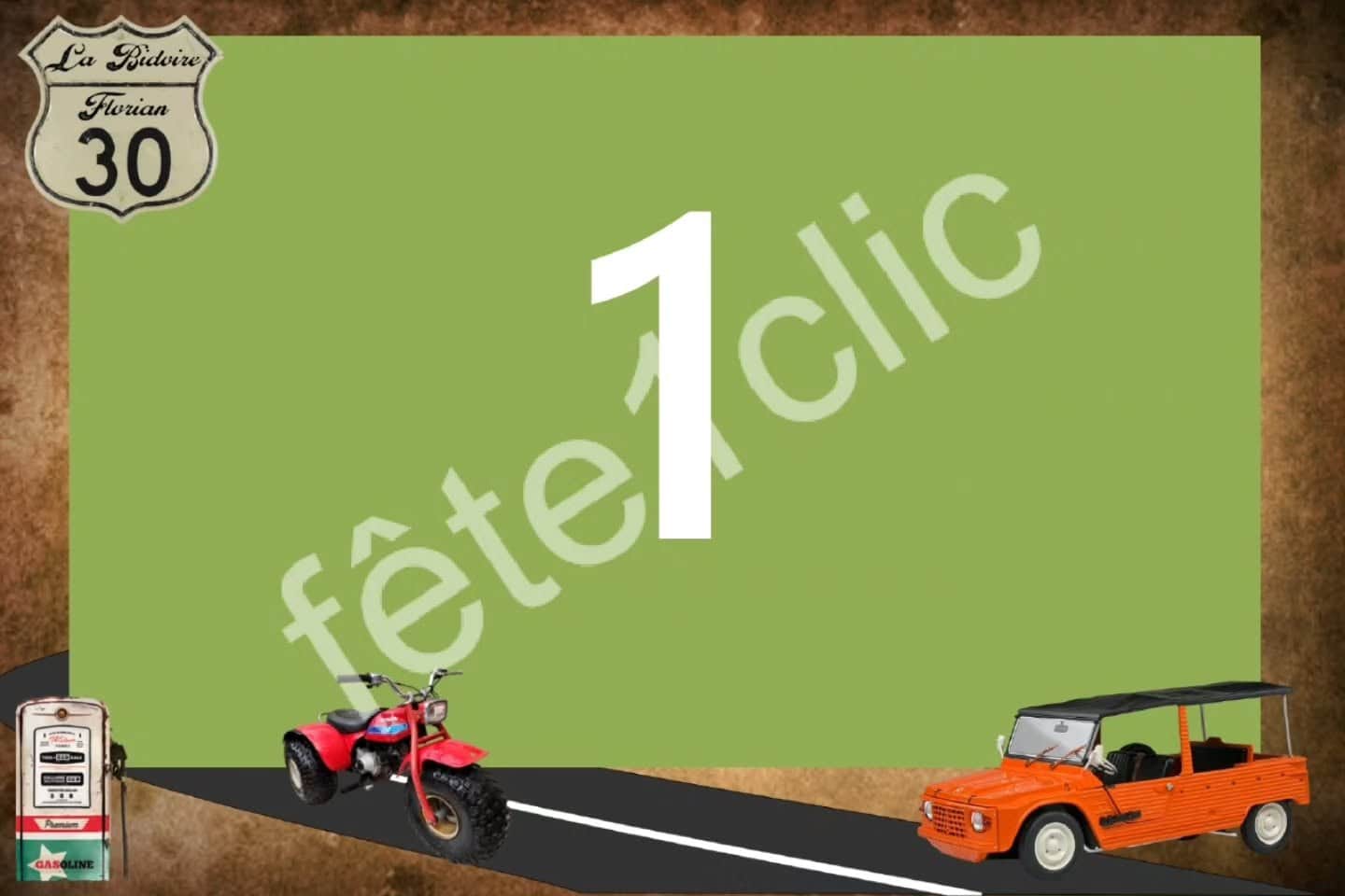 Maquette de cadre à une photo, méhari orange et moto sur la route