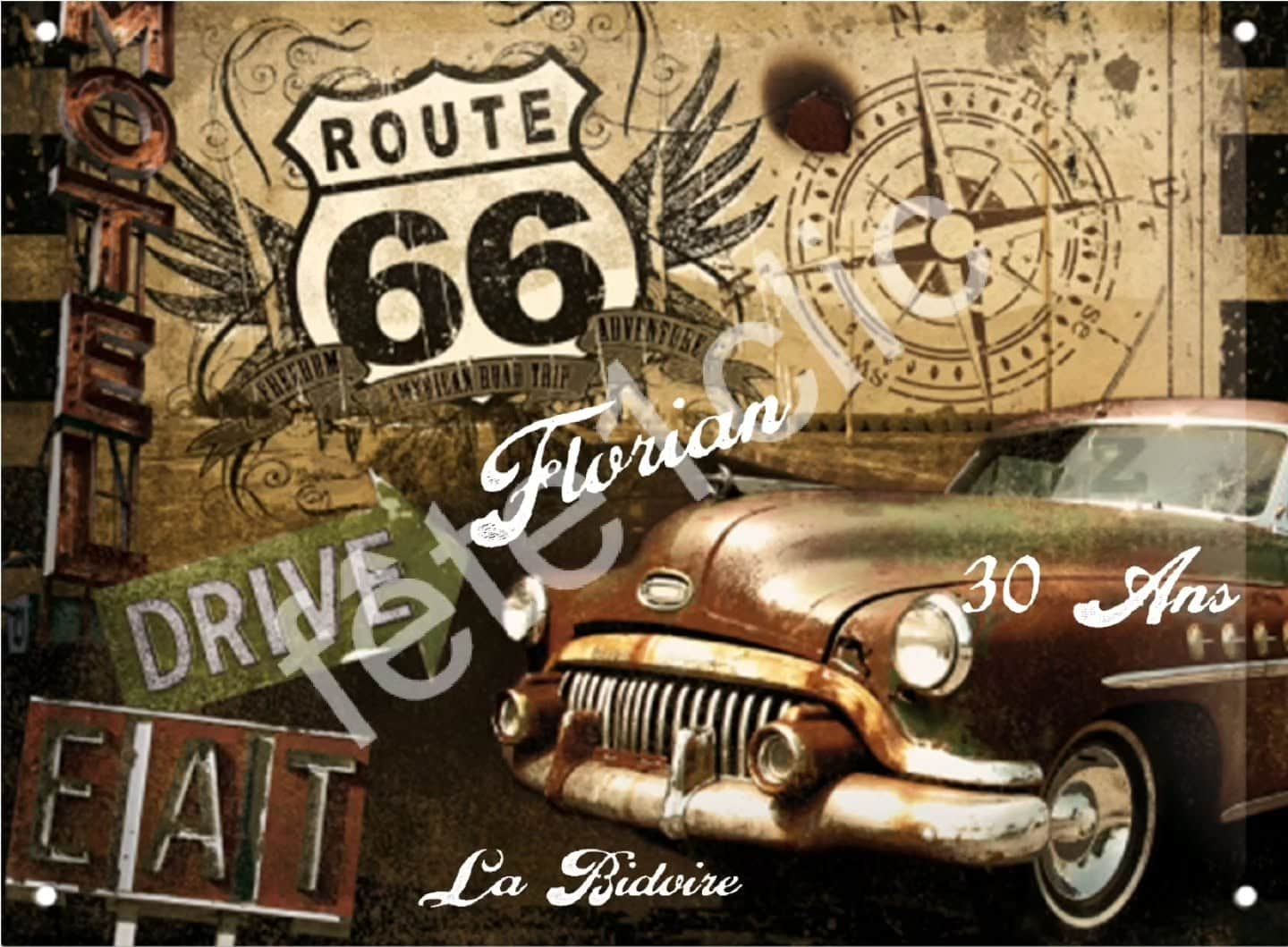 Écran d'accueil Route 66 : panneau de la route, voiture ancienne, enseigne de diner